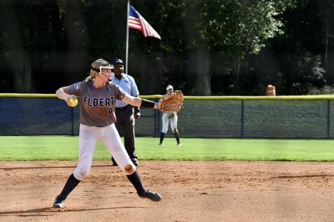 No. 9 Audrey Lunsford throws over to first base after fielding the ball in Elbert’s 14-2 win over Athens Christian Aug. 29. Lunsford finished the game going 2-for-3 at the plate with a home run, two RBIs and three runs. (Photo by Bethany Booth)
