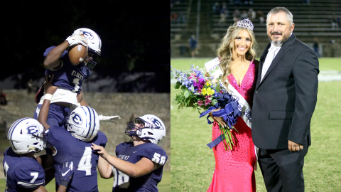 Left, Jayvyn Hickman (No. 4) lifts Ty’Rikis Jones (No. 1) into the air as Lucas Alcalde (No. 58) and D.K. Winn (No. 7) look on. Above, Gracie Brady poses with her father Jason Brady after being crowned homecoming queen. (Photos by Wells)