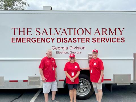The Elberton Salvartion Army Emergency Disaster Services team is lending helping hands in Valdosta following damages due to Hurricane Idalia. Team member PJo Phelps said the group is helping to feed 600 to 700 people a day as the city experienced “a lot of destruction and power outage.” Pictured helping in Valdosta are (L-R) Joe Johnson, Phelps and Ann Hendrix. 