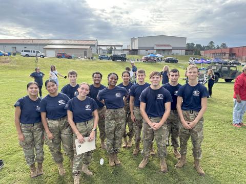 Above, pictured during Saturday’s meet in Winder are (L-R) Linda Garcia, Eva Garcia, Tyson Haigood, Commander Isabella Harpold, Jamaze Hall, Kel Tukes, Allison Medina, Wyatt Stelter, Commander Josiah Harkins, Colton Mabry and Tommy Beahringer. The Raiders brought home first and third place finishes during the meet. 