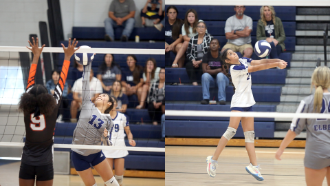 Left, Sophia Vargas leaps and spikes the ball during Elbert’s loss to Hart County Sept. 23. Right, Alexa Vargas bumps the ball over the net during the game against Hart. The Lady Rams finished in third place after falling to Hart in the second round. (Photos by Wells)