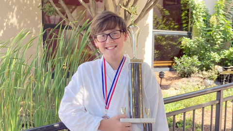 CJ’s Karate student Jase Bell took home the trophy for winning the fighting division at Kyu Fest in Charlotte, North Carolina for the second year in a row. Bell is the son of Robbie and Kathy Bell. 