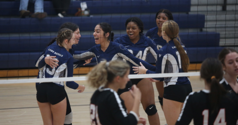 The Volley Devils celebrate after scoring a point against Rabun Couinty Sept. 28. The Lady Devils are set to face Barrow Arts and Sciences Academy in the area tournament Oct. 4. (Photo by Wells)