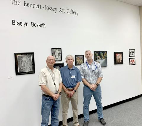 Elbert County Comprehensive High School recently unveiled the Bennett-Jossey Art Gallery in the school library as a place to display student work. Pictured are the gallery's namesakes and longtime art teachers (L-R) David Bennett and Joe Jossey and current art teacher Lee Wells. 