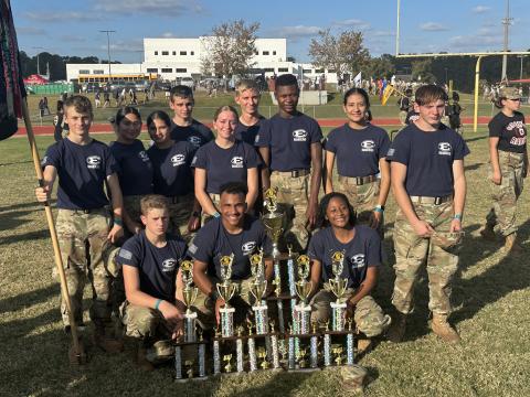 the Elbert County Raiders mixed team poses with trophies won during the State Raider Meet held in Griffin Oct. 28. Pictured are (front row, L-R) Wyatt Stelter, Jamaze Hall and Mekelliya Tukes; (back row, L-R) Tyson Haigood, Eva Garcia, Linda Garcia, Colton Mabry, Isabella Harpold, Tommy Beahringer, Brytravious Harper, Allison Medina and Josiah Harkins. (Photo submitted by Scott Harpold)