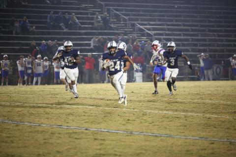 No. 24 Terrez Allen runs to the end zone after intercepting an Oglethorpe pass. Allen had a hand in  multiple turnovers as he finished the game with an interception return for touchdown and a fumble recovery. (Photo by Wells)