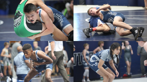 Above left, Matthew Douglas performs a double-leg takedown on a Franklin County wrestler. Above right,Keith Moon tries to turn his opponent as he sets up a pin. Below left, Jaydence Jones stares down his opponent after the start of his match. Below right, Yilany Medina-Medellin looks for a takedown opportunity. (Photos by Wells)