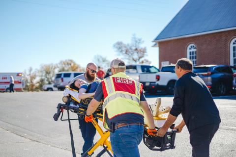Members of Elbert County Emergency Services, the Elbert County Fire Department, Elbert County Sheriff's Office and first responders helped take part in an active shooter training drill at Pleasant Grove Baptist Church in Bowman Nov. 18. (Photo by Leslie Corbett) 