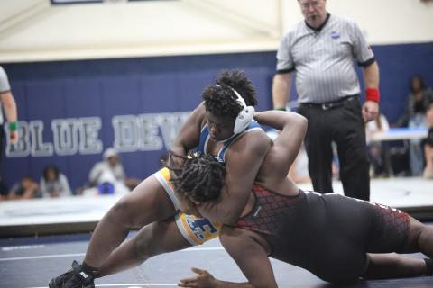 Ethan Huling tries to turn his opponent over as he sets up in a pin during Elbert’s 48-30 win over Harlem Nov. 29. (Photo by Wells)