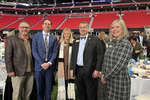 Elbert County was well represented during the annual Eggs and Issues breakfast sponsored by the Georgia Chamber of Commerce at Mercedes-Benz Stadium Jan. 10. Pictured are (L-R) Elbert County Chamber of Commerce Board Member Quinn Floyd, also of AQ Stone Designs, Mayor Daniel Graves, Georgia Vocational Rehabilitation Agency Board Secretary and Friends Helping Friends Club, Inc. Founding President Sandy Adams, Georgia House Rep. Rob Leverett and Athens Technical College President Andrea Daniel. 