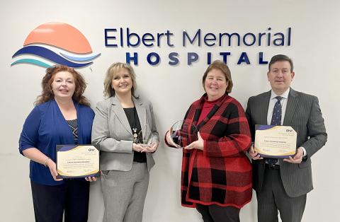Pictured with Elbert Memorial Hospital's recent quality and patient safety awards are (L-R) Director of Compliance and Quality Kellie Smith, Chief Nursing Officer Tonya Chitwood, Chief Operating Officer Tammy Harlow and Chief Executive Officer Tyler Taylor. 
