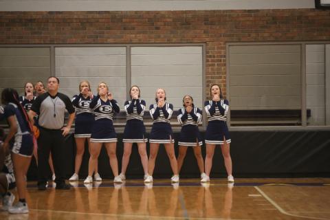 The Elbert County basketball cheerleaders lead the fans in a cheer during Elbert’s Jan. 12 game against Athens Christian. (Photo by Wells)