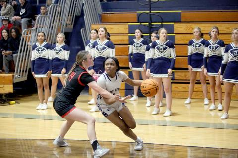 Right, Kaylen Rucker cuts to the basket during Elbert’s loss to Rabun in the Inferno Jan. 19. (Photo by Wells)