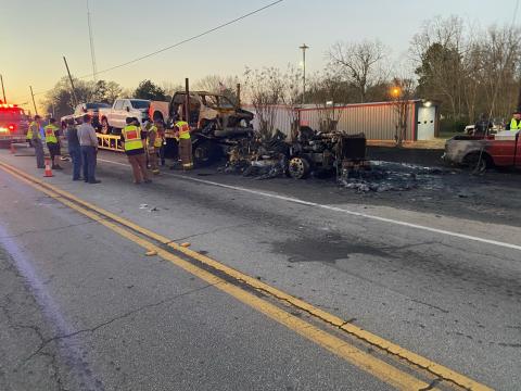 A vehicle fire near the four-way stop in Bowman temporarily shut down access to Highway 17 and Highway 172 in the afternoon of Feb. 14. (Photo courtesy of Elbert County Emergency Services)