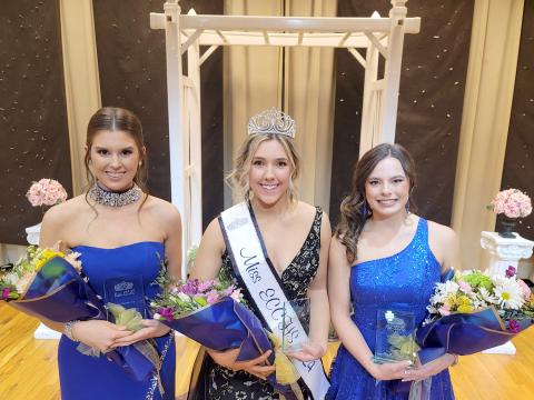 Elbert County Comprehensive High School senior Georgia Phillips (center) was crowned Miss ECCHS 2024 during the annual Miss ECCHS pageant Saturday, Feb. 3 in the Elbert County Middle School auditorium. Senior Cile Hall (right) was the first runner-up while freshman Lila Layne (left) was the second runner up. 