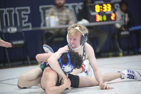 Cooper West works his opponent as he earns a pin in his opening match of the Area 8A Championships held in the Inferno Feb. 2. (Photo by Wells)