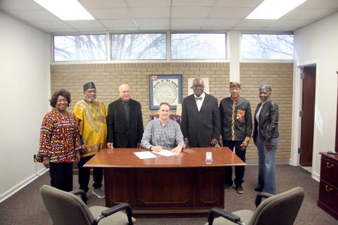 Mayor Daniel Graves signed a proclamation in honor of Black History Month Feb. 8 for the City of  Elberton. Pictured during the signing are (L-R) Carolyn Bolton, Bobby G. Hunt, Elberton City Council member Terry Burton, John Clark, Jimmy White and Pam Allen. (Photo by Wells)