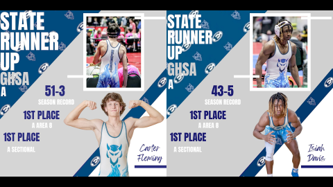 Mat Devil seniors Carter Fleming (left) and Isaiah Davis (right) finished their Elbert County careers as state runners-up at the GHSA Wrestling State Finals held in Macon Feb. 15 through Feb. 17. (Graphics courtesy of Elbert County Blue Devil Wrestling)