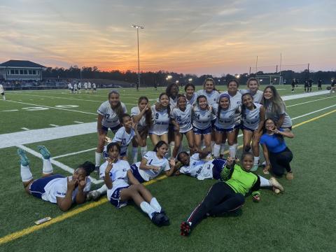 The Elbert County Lady Devils soccer team poses after they beat Barrow Arts and Sciences Academy 2-1 March 15. The Lady Devils are 3-2 in region play and hold onto third place after the big win. (Photo courtesy of the ECCHS Lady Devils Soccer Facebook page)