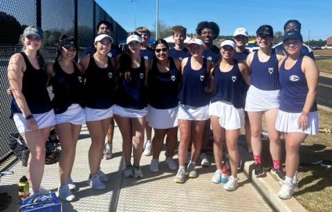 The Blue Devils and Lady Devils tennis team pose for a team picture prior to their March 14 match against Rabun County at Elbert County Middle School. The Lady Devils team features Jude Sanders, Katie Nguyen, Audrey Poon, Myla Warwick, Breanna Pulliam, Emma Ray, Gracie Kidd, Peyton Howell, Dessie Lee Santiago, Stephanie Cortez. The Devils team features Ty Johnson, Grant Owens, Landon Bowman, Bryan Bernal, Bryce Howe, Travis Allen and Jashon Jenkins. (Photo courtesy of Elbert County True Blue)