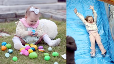 Left, Lella Wells smiles over her stash of brightly colored Easter eggs following Main Street Elberton's Easter egg hunt on the downtown square Monday, March 25. Right, the bouncy house slide brought joy during the event. See more pictures on page 4B. (Photos by Wells)