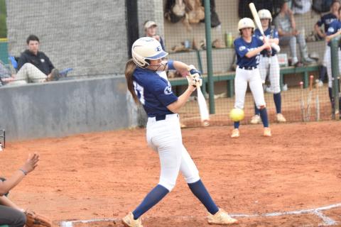 Hannah Brady makes contact with the ball during the game against the Lady Lions. (Photo by Shane Scoggins of the Franklin County Citizen)