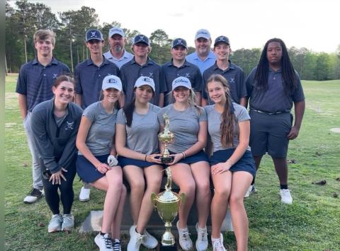 The Devils and Lady Devils golf teams pose with the Border War trophy after beating Hart County and Franklin County in three, nine-hole matches held at the home course for each team. (Photo courtesy of Elbert County Golf) 