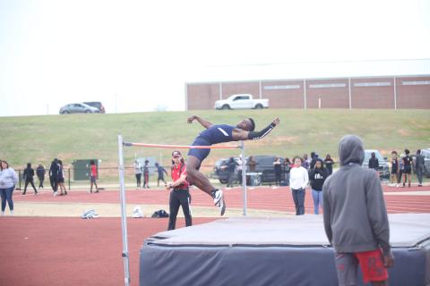 Jermaine Sims clears the high-jump bar during a home meet at Elbert County Middle School. Sims finished in second-place in the high jump at the Region 8A Division 1 championship meet. (File photo by Wells)