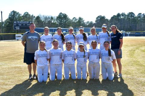 The Elbert County Comprehensive High School slow pitch softball team includes Hannah Brady, Gracie Brady, Emily Booth, Kamryn Webb, Miller Drake, Bellamy Nash, Peyton Jenkins, Erica Christian, Jayda Wood, Casey Peters, Madison Dye and Audrey Lunsford. The slow pitch softball team is coached by Head Coach Josh Jones and Coach Sarah Fuller. (Photo by Mercer Harris)