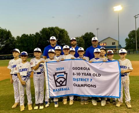 The Elbert County 8-to-10-year-old Baseball team includes (front row, L-R) Lucas Aston, Eli Aston, Haynes Bone, Rhett Oakley, Beckett Dixon, Maddox Bellew, Job Wilder, Owen Albertson, Brodie Bagwell, Linkin Johnson, Harris Amabile and Remi Mills. The team is coached by (back row, L-R) Kyle Bagwell, Matt Amabile and Justin Bellew. (Photo courtesy of Elbert County Little League)