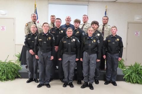Explorer Academy Post 746 graduates and training officers include (front row L-R) Cad. Brantley Mattox, Cad. Merci Mooney and Cad. Lexi Moon. (Middle row) Cpl. Annabelle Anderson, Sgt. Brody Mattox, Cpt. Edwin Crowe, Cad. Trace Atkins and Cad. Chevy Bailey. (Back row) Cpl. John Rice, Sgt. Noah Hart, Chief Deputy Darren Scarborough, Cpl. Zach Johnson, and Cpl. Jayden Robinson. (Photo by Weeks)