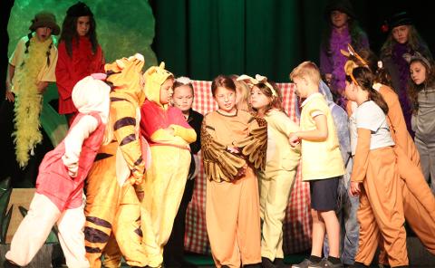 Pooh and the gang celebrate finding Christopher Robin by performing "Hip Hip Pooh Ray"  during the Elbert Theatre's July 12 Summer Youth performance of "Winnie the Pooh Kids." Featured are (L-R)Natalie Curlee, Rease McElroy, Madden Turner, Eloise Hardy, Mason Wells and Aspen Wright. (Photo by Wells)