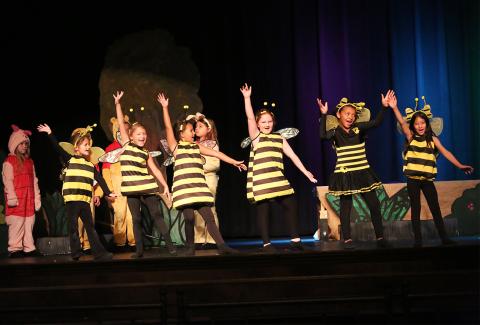 Bees Cora Mobley, Bria Dickerson, Tess Walker, Avery Algood, Lydia Harris and Zoe Gilmore perform “Honey” during the Elbert Theatre’s Summer Youth performance of Winnie the Pooh Kids July 12 at the Elbert Theatre. (Photo by Wells)