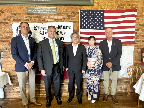 (L-R) Elberton Mayor Daniel Graves, Representative Rob Leverett, Consul General of Japan Mio Maeda, his wife Mio Yamamoto Maeda, and Sister City Director Tom Evans attended the Sister City Farewell banquet at McIntosh Coffee Shoppe Tuesday, July 30 along with the program participants. (Photo by Evans)