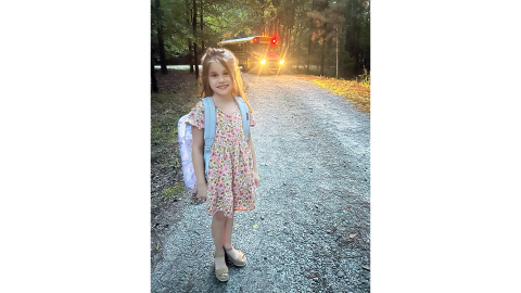 Third grader Gabby Ray is ready to start the new school year as she waits for the bus to take her to Elberton Elementary.  "I was a little nervous, but my first day was great. My teacher is very fun and nice, and my classroom is cool-looking. My favorite part of the day was getting on the bus to see my friends," Gabby said. (Photo submitted by Kristy McCannon)
