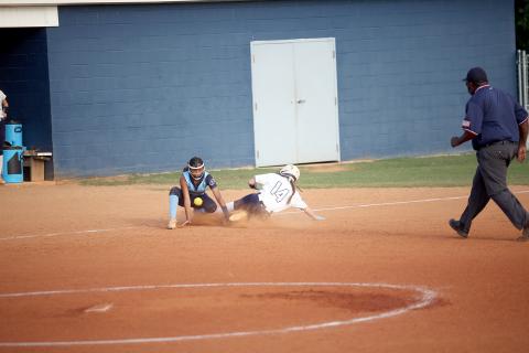 Miller Drake slides into third base after hitting a triple against Providence Christian Sept. 5. Drake finished with two runs and an RBI in Elbert’s region win over Oglethorpe Sept. 10.  (File photo by Wells)