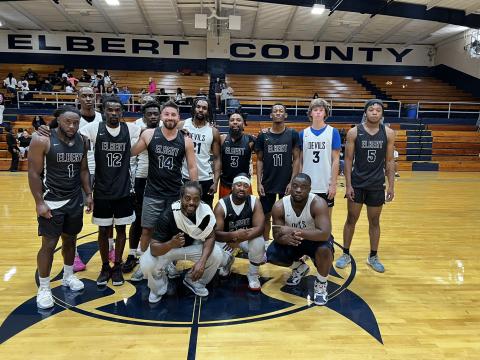 The Blue Devils Alumni team included Ira Robinson, A.J. James, Randy Jones, Tyheem Newman, Brayden Eavenson, Chaio Winn, Tarveil Fortson, Keenan Umble, Tyrone Turman, Landon Hill, Bob Thomas and Korbin Eberhardt. (Photo courtesy of Elbert County True Blue)