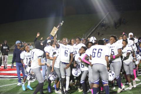 The Elbert County Middle School Rams celebrate their 28-21 win over the Stephens County Indians  Thursday, Oct. 17 in Toccoa. (Photo by Wells)