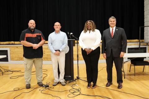 (L-R) Sheriff candidates Jamie Callaway (R) and Darren Scarborough (D) stand with District 123 candidates Hope Beard (D) and Rob Leverett (R) prior to the  2024 Candidate Forum sponsored by WSGC Radio and The Elberton Star. (Photo by Weeks)