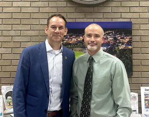 Elberton Mayor Daniel Graves and Kevin Eavenson meet outside the city council meeting after the council voted Eavenson as sole finalist for the city manager position. (Photo by Mark Wells)