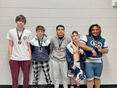 Hudson Fleming, Lane Fleming, Alvin Medellin, Cruz Floyd and M.J. Cook placed at the Panther Scramble hosted by Jackson County Nov. 9. (Photo courtesy of Elbert County Blue Devil Wrestling)