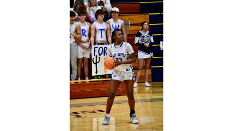Zy Belcher looks for an open teammate at the top of the key during the Elbert’s 54-23 win over Hart Dec. 14. (Photo courtesy of Elbert County True Blue)
