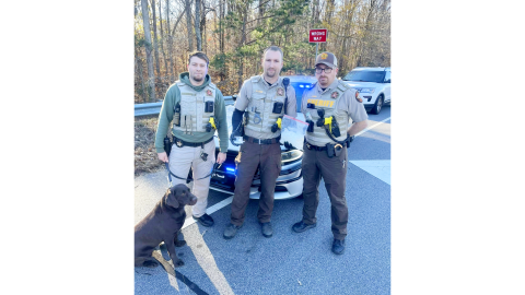 (L-R) K-9 handler Cpl. Jonathan Dove of the patrol division (with drug dog Baretta) and Lt. Clete Brady and Lt. Allen Frady of the Drug Investigations Unit display methamphetamine collected Dec. 12. (Photo submitted by Elbert County Sheriff's Office)