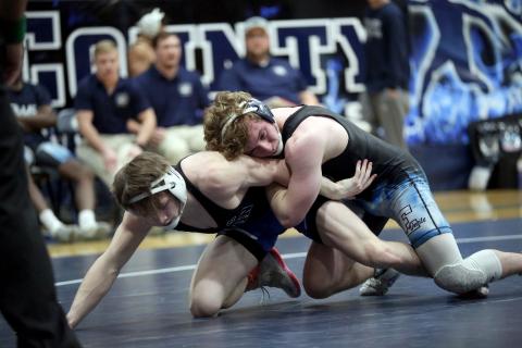 Sawyer West traps his opponent’s arm during the Area 8A Championship Duals hosted in the Inferno Jan. 9. (File photo by Wells)