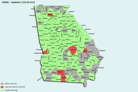 As of Jan. 24, counties in green were holding pubic hearings to opt out of House Bill 581, while counties in red were choosing to opt in. The status of counties in gray was unknown at the time this graphic was produced. (GRAPHIC COURTESY OF JAKSON HENSLEY / BARROW COUNTY SCHOOLS)