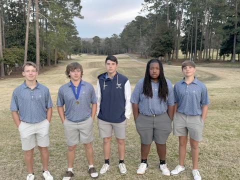 Madden Drake, Kale Kurtz, Nolan Henderson, Caleb Burton and Carson Amabile finished sixth out of 21 teams at the West Georgia Invitational in LaGrange March 8. Kurtz finished with the sixth-lowest score of the tournament and was selected for the All-Tournament team. (Photo courtesy of Elbert County Golf)