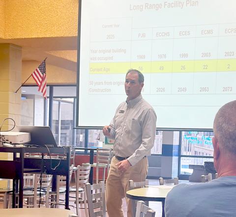 Elbert County School Superintendent Robert Wheeler discusses options for aging facilities at the March 20 meeting at ECCHS. Approximately 50 citizens attended the meeting. (Photo by Weeks)