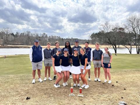 The Devils and Lady Devils golf teams pose with a pair of trophies won at the Cougar Invitational in Villa Rica. (Photo courtesy of Elbert County Golf)