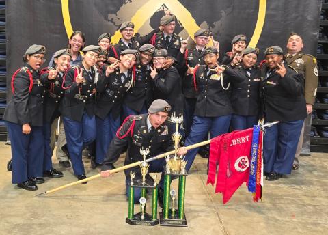 Elbert County’s JROTC Drill team (above) brought home a national championship after their color guard team (below) finished first overall in the color guard event at the national competition in Daytona Beach, Florida. (Photos courtesy of ECCHS CTAE)