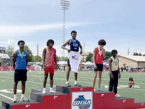 Elbert County track athlete D.K. Winn won a state championship for triple jump during the GHSA State Track Meet in Rome May 9. Winn jumped a distance of 46 feet, 11.5 inches, beating the second place athlete by a total of 10 inches. (Photo courtesy of ECCHS Athletics)